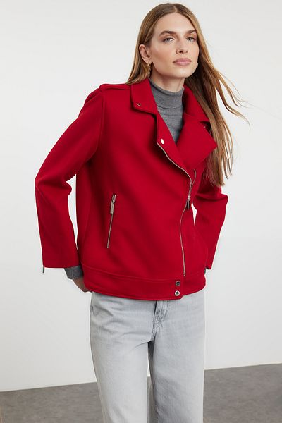 Trendyol Collection Roter, normaler, genähter, dünner Biker-Jackenmantel TWOAW25MO00131
