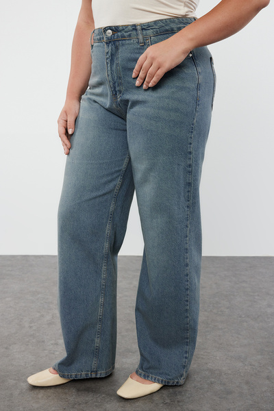 Trendyol Curve Kék magas derekú, halvány hatású vintage mosófarmerek, széles szárú, nagy méretű TBBSS24CJ00042