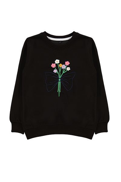 Trendyol Collection Girl's Thin Flower Embroidered Black Knitted Sweatshirt - Seasonal Tkdaw25sw00008