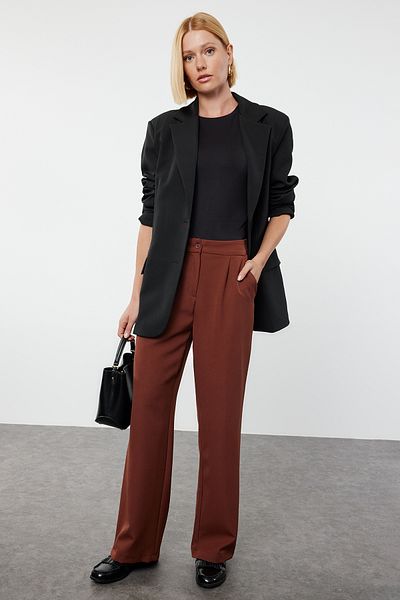 Trendyol Collection Široké nohavice a tmavě hnědé tkané kalhoty - Twoaw22Pl0139