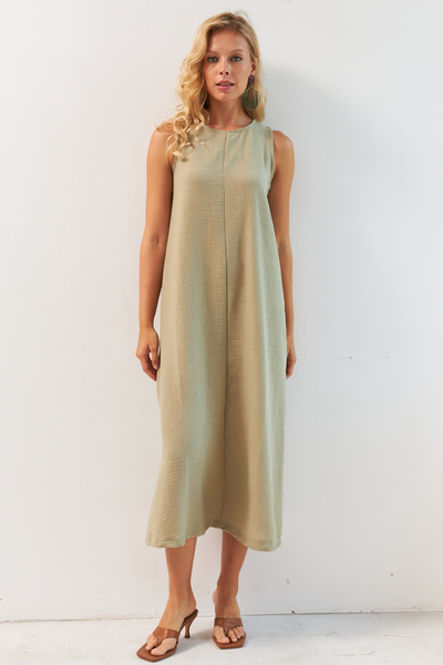 Cool & Sexy Χακί Μίντι Λινό Φόρεμα - Κουμπί Πίσω, Γυναικείο, DMR353