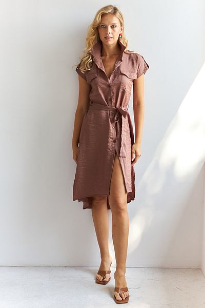 Cool & Sexy Hnědé midi košilové šaty - PP5509