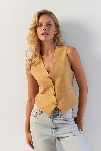 Cool & Sexy Ленена жилетка Camel - с подплата, дамска, TW60046-1