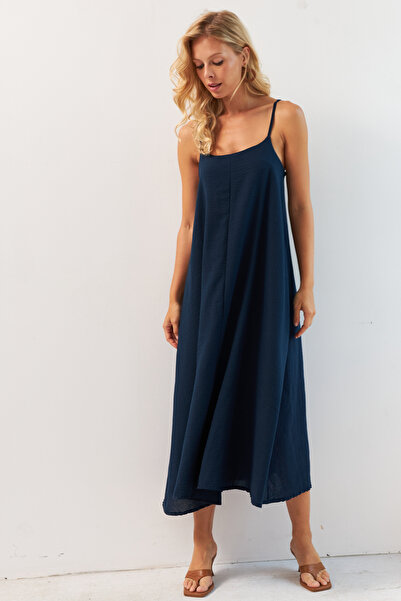 Cool & Sexy Námořnicky modré plátěné midi šaty - nastavitelný popruh DMR355