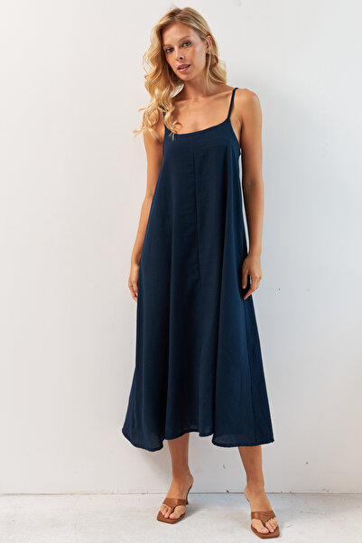 Cool & Sexy Námořnicky modré plátěné midi šaty - nastavitelný popruh DMR355