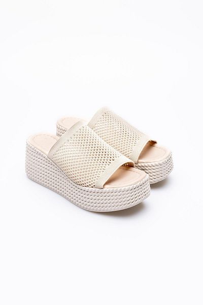 TOPUK Jodie Nude Wedge Sole Slippers - Thick Band and Hole Detail