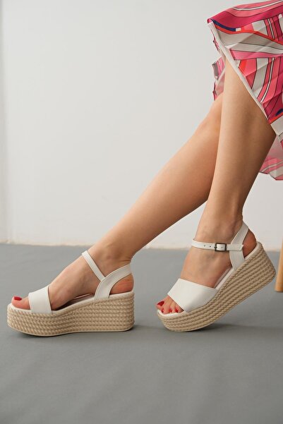 TOPUK Bella White Thick Banded Wedge Heeled Sandals
