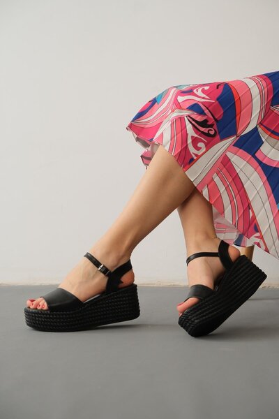 TOPUK Bella Black Thick Banded Wedge Heeled Sandals
