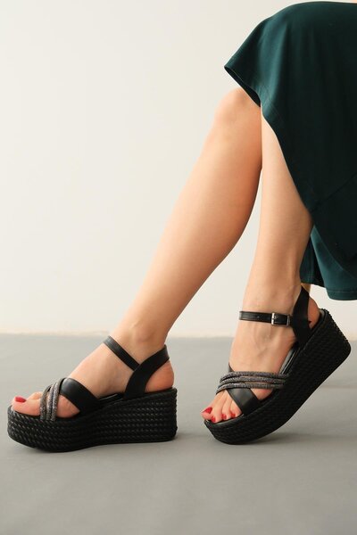 TOPUK Janel Black Cross-Strapped Stone Wedge Heel Sandals