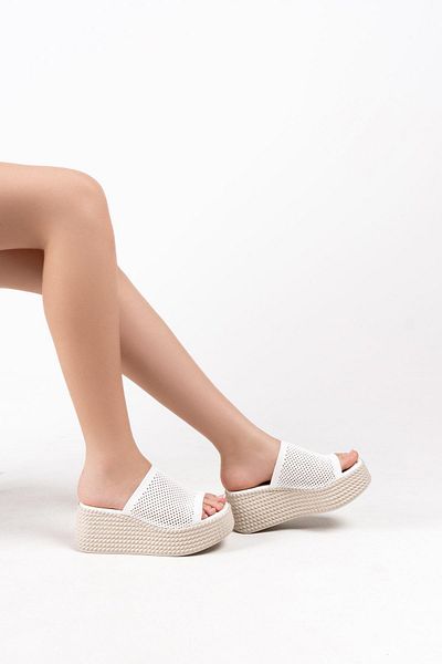 TOPUK Papuci Jodie White Wedge Talpa - Bandă groasă și Detaliu gaură