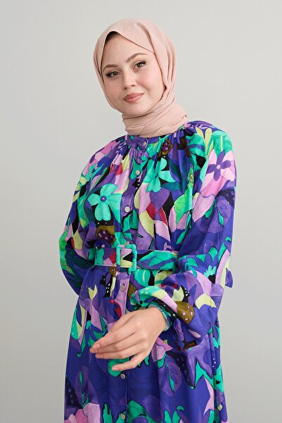 InStyle Purple Viscose Dress - Floral Pattern and Belt