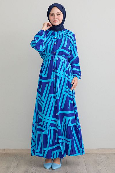 InStyle Rochie albastră din viscoză cu centură cu dungi