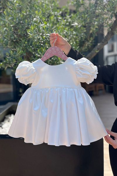Bertuğ Bebek Satin Off-White - Balloon Sleeve Girl's Baby Evening Dress