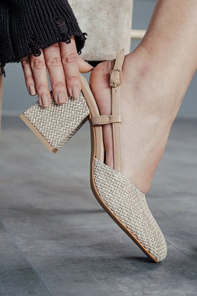 Ayakkabı Ateşi Pantofi cu toc gros din piele de paie bej Niloya