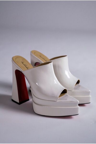 Ayakkabı Ateşi White Patent Leather Double Platform Design Open Toe Women's Slippers High Heel Shoes Farah