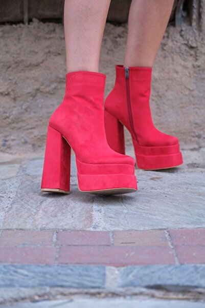 Ayakkabı Ateşi Kırmızı Süet Çift Platform Özel Tasarım Kadın Ayakkabı Vega