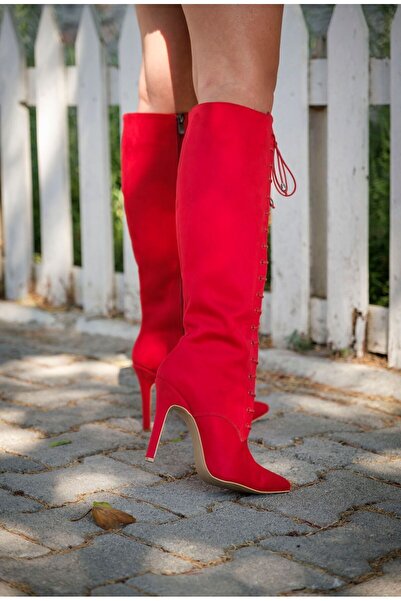 Ayakkabı Ateşi Spike Червоні замшеві жіночі чоботи на підборах