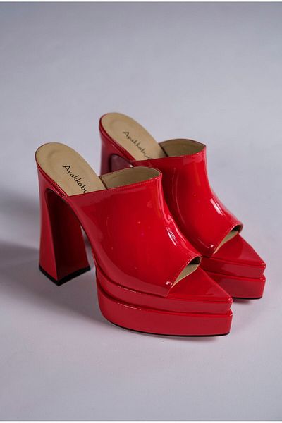 Ayakkabı Ateşi Red Patent Leather Double Platform Design Open Toe Women's Slippers High Heel Shoes Farah