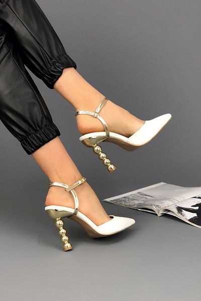 Ayakkabı Ateşi White Patent Leather Gold Heeled Stiletto
