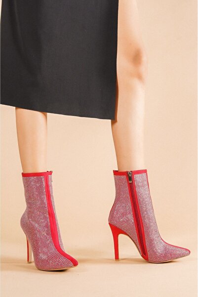 Ayakkabı Ateşi Kırmızı Süet Gümüş Taşlı Topuklu Kadın Bot