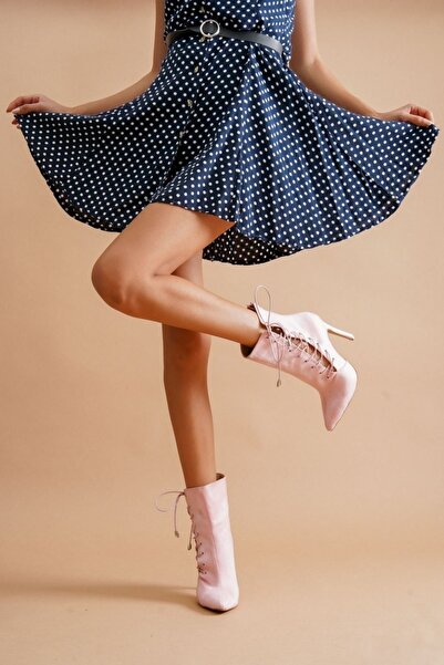 Ayakkabı Ateşi Kışlık Özel Tasarım Fantazi Abiye Aida Pudra Süet Topuklu Kadın Ayakkabı