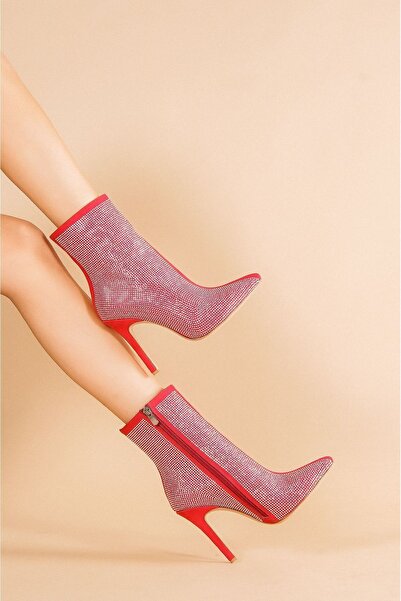Ayakkabı Ateşi Kırmızı Süet Gümüş Taşlı Topuklu Kadın Bot
