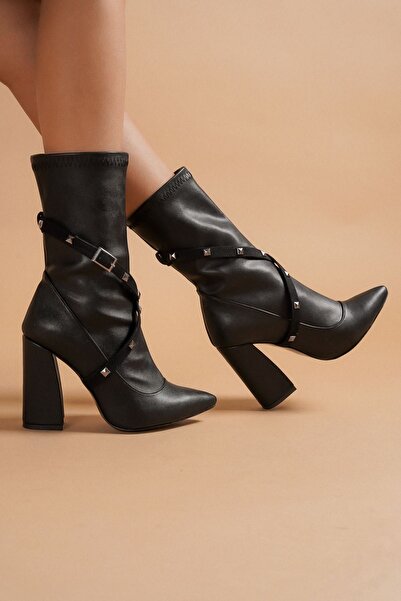 Ayakkabı Ateşi Milano Siyah Cilt Topuklu Kadın Bot