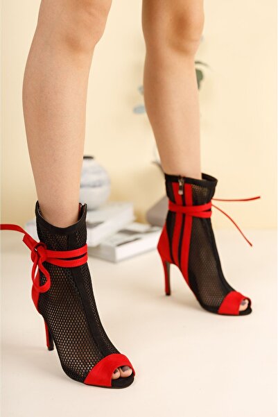 Ayakkabı Ateşi Kadın Siyah Kırmızı Süet Orta Topuklu Ayakkabı