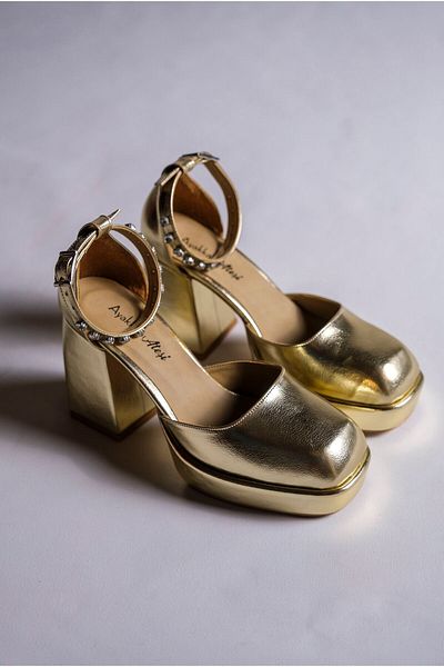 Ayakkabı Ateşi Pantofi de nunta si rochie de mireasa Design cu piele sifonata auriu Pantofi de nunta cu toc mic Sandy