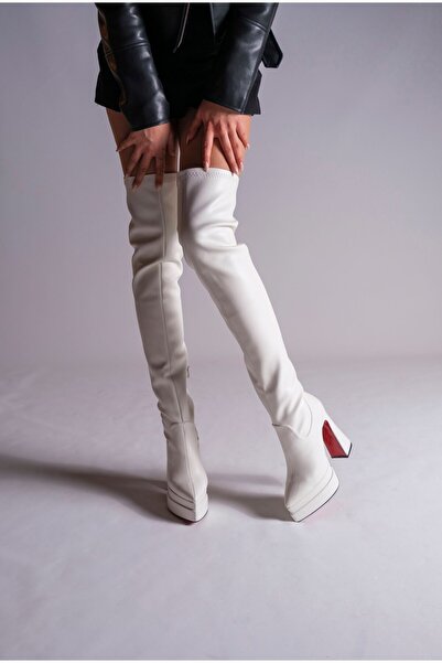 Ayakkabı Ateşi White Skin Double Platform Design Γυναικείες Μπότες Ψηλοτάκουνα Παπούτσια Μπύρα