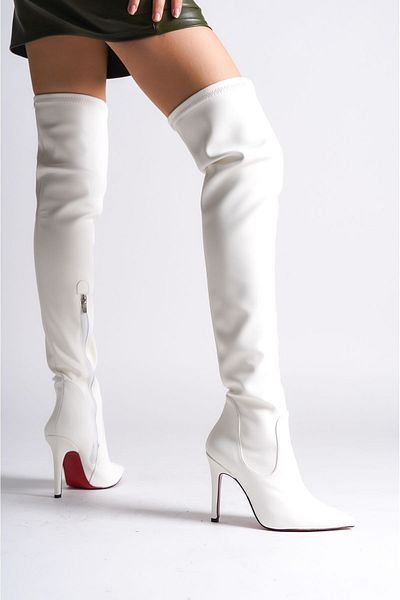 Ayakkabı Ateşi Cizme de damă cu design elastic cu piele albă pantofi cu toc înalt Anjelika