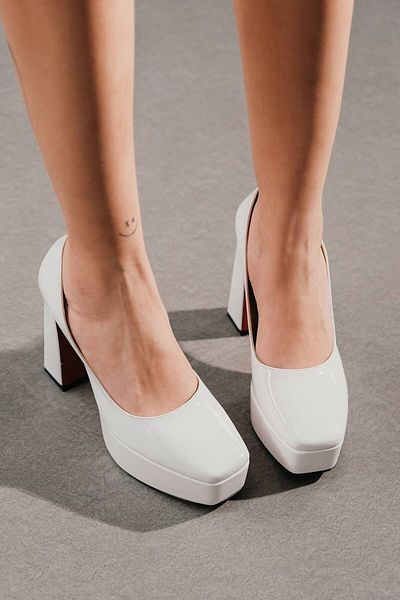 Ayakkabı Ateşi White Patent Leather Women's Thick Heeled Shoes Ecovan