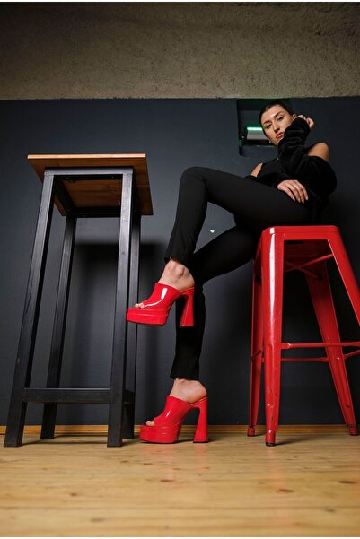 Ayakkabı Ateşi Red Patent Leather Double Platform Design Open Toe Women's Slippers High Heel Shoes Farah