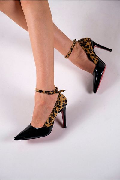 Ayakkabı Ateşi Leopard Patterned Black Patent Leather Stiletto - Women's Thin Heeled Shoes