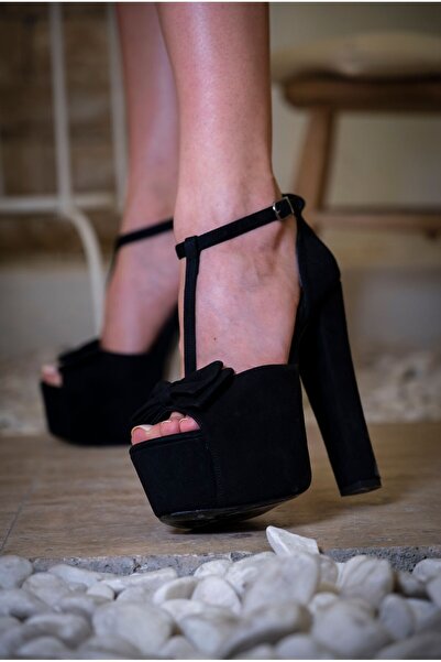 Ayakkabı Ateşi Siyah Süet Papyonlu Tasarım Platform Kadın Ayakkabı Keira