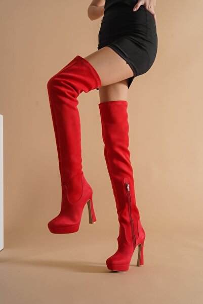Ayakkabı Ateşi Kırmızı Süet Yüksek Topuklu Diz Üstü Kadın Çizme Angle