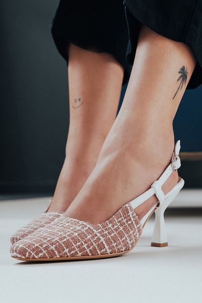 Ayakkabı Ateşi White Skin Powder Linen Open Back Women's Heeled Shoes Hale