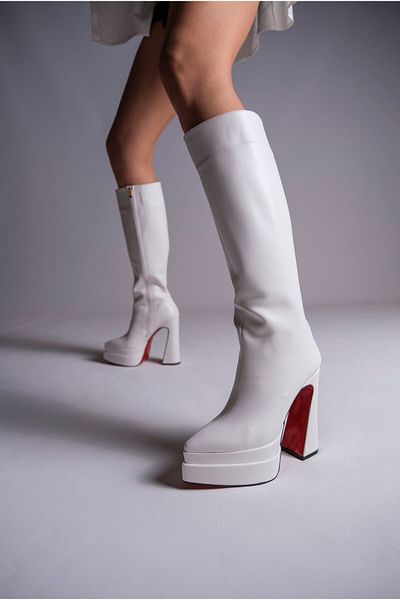 Ayakkabı Ateşi White Skin Double Platform Design Γυναικείες Μπότες Ψηλοτάκουνα Παπούτσια Jolly