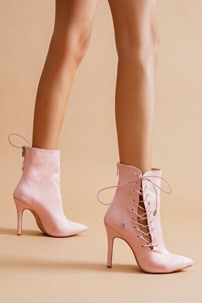 Ayakkabı Ateşi Kışlık Özel Tasarım Fantazi Abiye Aida Pudra Süet Topuklu Kadın Ayakkabı