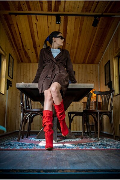 Ayakkabı Ateşi Kırmızı Süet Körüklü Özel Tasarım Topuklu Kadın Çizme Alessi