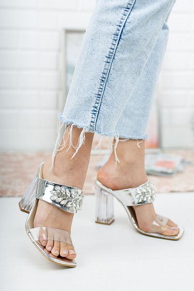 Ayakkabı Ateşi Silver Shiny Stone Transparent 10cm Heeled Shoes Slippers