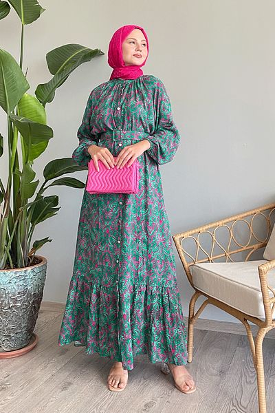 InStyle Πράσινο φόρεμα βισκόζης έθνικ με κουμπιά