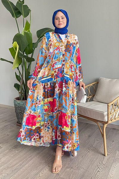 InStyle Φόρεμα τιρκουάζ βισκόζης - σχέδιο Lotus και μανίκι από μπαλόνι