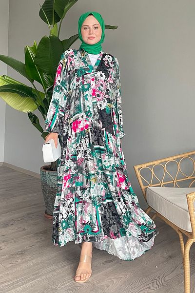 InStyle Φόρεμα Μαύρο Βισκόζη - Μπαλόνι με μοτίβο Lotus