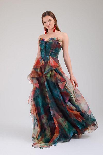 SpringStore Rochie de seara cu model verde fara bretele
