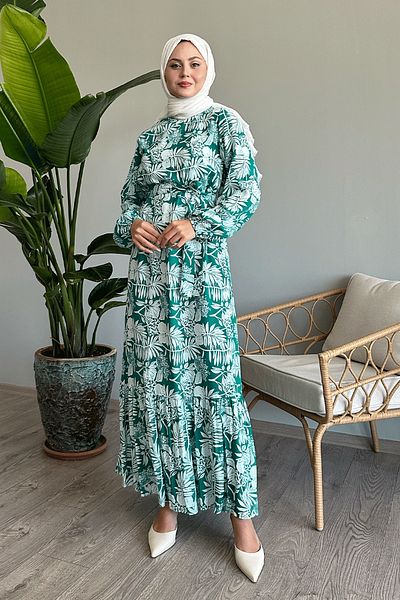 InStyle Mint Green Viscose Dress - Palm Pattern