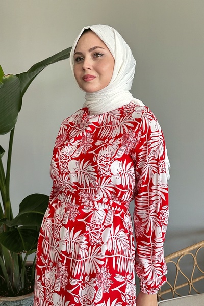 InStyle Palmiye Desen Kırmızı Viskon Elbise