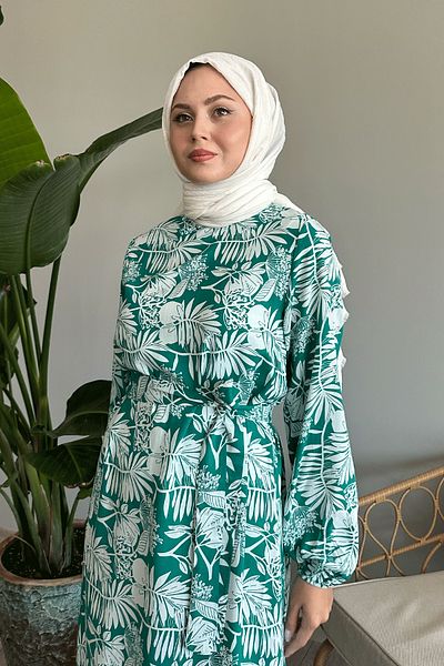 InStyle Mint Green Viscose Dress - Palm Pattern