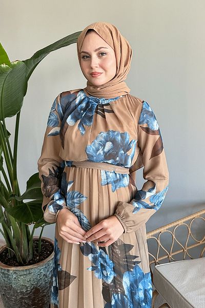 InStyle Φόρεμα Χακί Σιφόν - Πολύχρωμο Floral Pattern