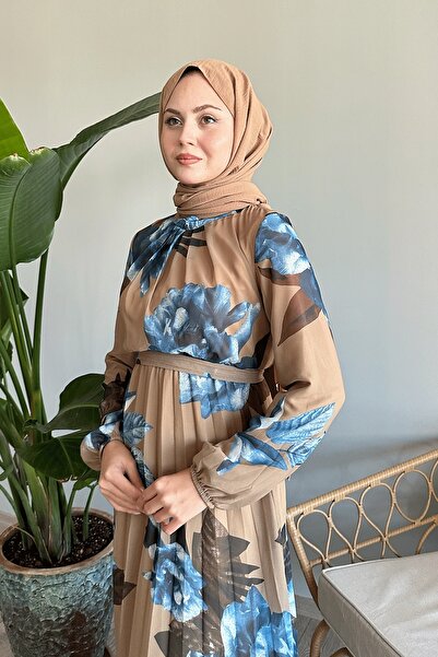 InStyle Khaki Chiffon Dress - Colorful Floral Pattern